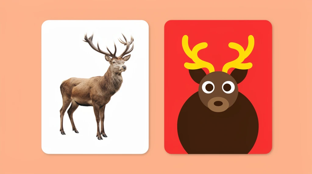 Two rounded rectangular cards rest side-by-side against a solid peach background, each displaying a different visual interpretation of a deer. The left card features a pristine white background centering a photorealistic, full-body brown stag with large, multi-tined antlers standing in three-quarter profile. The right card has a vibrant red background showcasing a flat, geometric vector illustration of a deer facing directly forward. This highly stylized deer is constructed from simple overlapping graphics, utilizing a large dark brown circular body, a smaller semi-circular head, wide circular eyes with dark pupils, a small oval snout, and bright yellow wavy antlers. The overall layout creates a direct visual contrast between a hyper-realistic anatomical rendering and a bold, minimalist graphic design aesthetic.