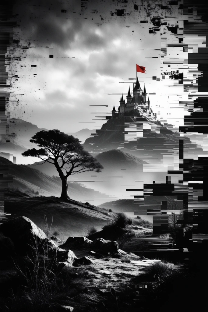 Monochrome Glitch Fragmentation style AI image example 2
