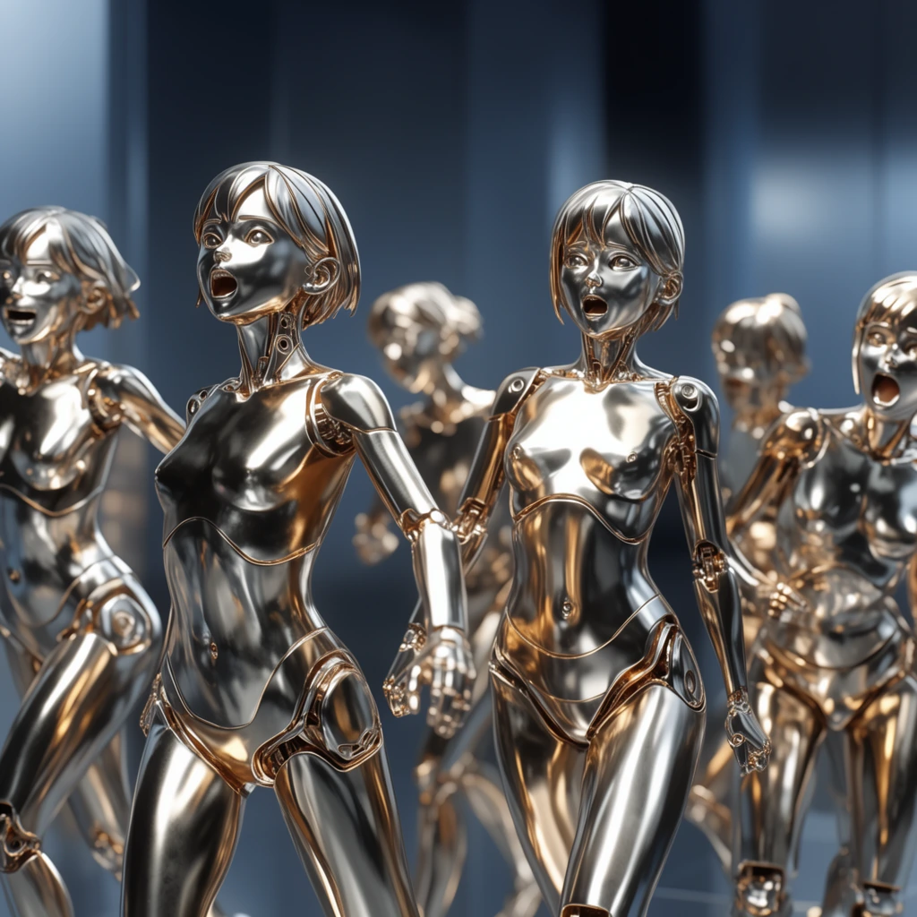 Multiple metallic figures of a girl exhibit various dynamic poses and distinct facial expressions. The figures are constructed entirely from highly polished, reflective gold and chrome metal with visible cyborg-like articulated joints. Sharp specular highlights and deep shadows define their smooth, mirror-like anatomical surfaces. The subjects are positioned within a blurred, minimalist architectural environment featuring cool steel-blue and dark grey tones. Rendered in hyper-realistic 3D with a shallow depth of field, the composition utilizes dramatic studio lighting to contrast the warm metallic subjects against the sleek, cool-toned background.