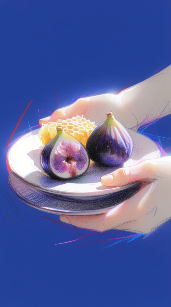Hands holding two stacked plates containing two figs and a piece of honeycomb, rendered in a delicate colored pencil and graphite sketch style against a solid, vivid cobalt blue background. The hands feature pale, luminous skin tones with soft peach and pink highlights, contoured by fine, precise linework and illuminated by a strong, glowing rim light. The two stacked plates rest firmly in the grip, their forms defined by stark white areas and dense indigo and violet pencil hatching along the lower edges. Positioned on the top plate, the two figs and piece of honeycomb are depicted using concentrated patches of deep purple, magenta, and golden yellow, built up with visible cross-hatching and smudged pencil textures. The rendering blends highly polished, smooth areas of bright light with raw, sketchy borders and dark, heavily shaded masses of black and deep violet. Energetic, loose neon red, magenta, and electric blue pencil lines radiate outward from the central elements, cutting sharply into the flat blue background. The high-contrast illumination creates an ethereal, luminous aesthetic, emphasized by the visible grainy texture of the drawing paper and the expressive quality of the raw, overlapping pencil strokes.