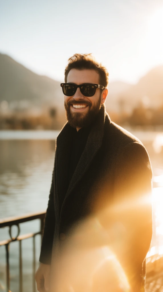 Smiling bearded man in dark sunglasses and coat, standing near metal railing, blurred lake and mountain background, bright golden hour sunlight, foreground lens flare, warm color palette