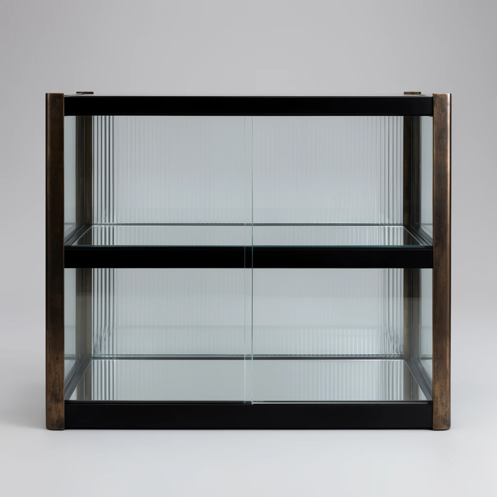Two-tiered empty rectangular display cabinet, thick black horizontal frame bands, aged dark bronze vertical corner pillars, transparent front sliding glass panels with a central vertical seam, clear fluted glass rear panels, highly reflective mirrored interior shelves, seamless light grey studio background, diffuse soft lighting, straight-on centered symmetrical perspective, minimalist product photography