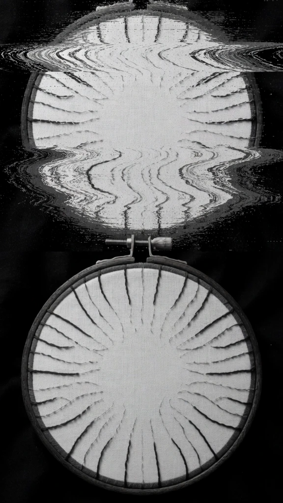 embroidery hoop holding fabric with a radial design, bottom composition showing clear monochromatic silhouetted thread work, top half dissolving into heavy analog glitch aesthetics, vertical pixel dragging and liquid color bleed, vibrant rgb chromatic aberration with neon cyan and magenta fringing, crt scan lines, horizontal wave distortion, grainy 90s camcorder texture, data moshing effects dragging embroidery upwards into distorted rainbow trails, high contrast lo-fi digital art style