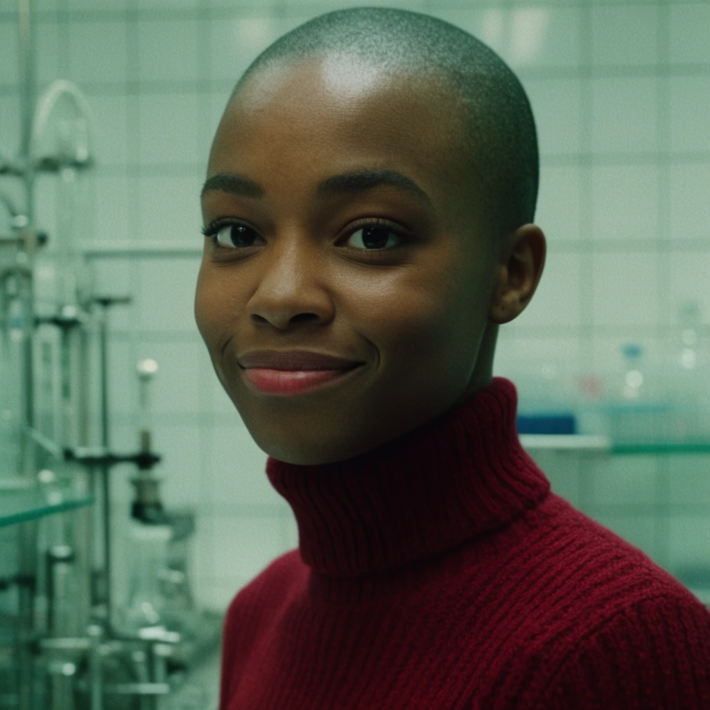 young black woman, shaved head, crimson turtleneck sweater, subtle warm smile, white tiled futuristic laboratory, clinical green tint, cinematic 35mm film grain, shallow focus
