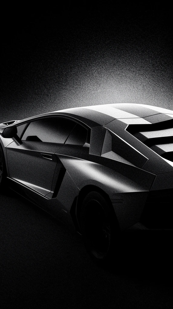 sleek angular sports car emerging from pitch black darkness, monochromatic high contrast chiaroscuro lighting, sharp faceted body panels, aerodynamic roofline, side air intakes, louvered rear engine cover, heavy stippled noise texture, coarse film grain, abstract automotive visualization, dramatic overhead highlight illuminating upper surfaces, lower chassis dissolving into deep shadow