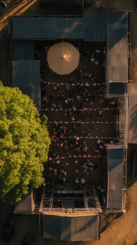 Top-down aerial view of an outdoor event space enclosed by dark rectangular structures and metallic scaffolding. A dense crowd of people is scattered across the central courtyard beneath parallel strings of pennant flags. A large vibrant green tree anchors the left edge, contrasting with a circular tan canopy near the top. Golden hour lighting casts long pronounced shadows to the right across the earthy ground. High-contrast photography emphasizes the venue's geometric layout against the organic shapes of the tree and crowd.