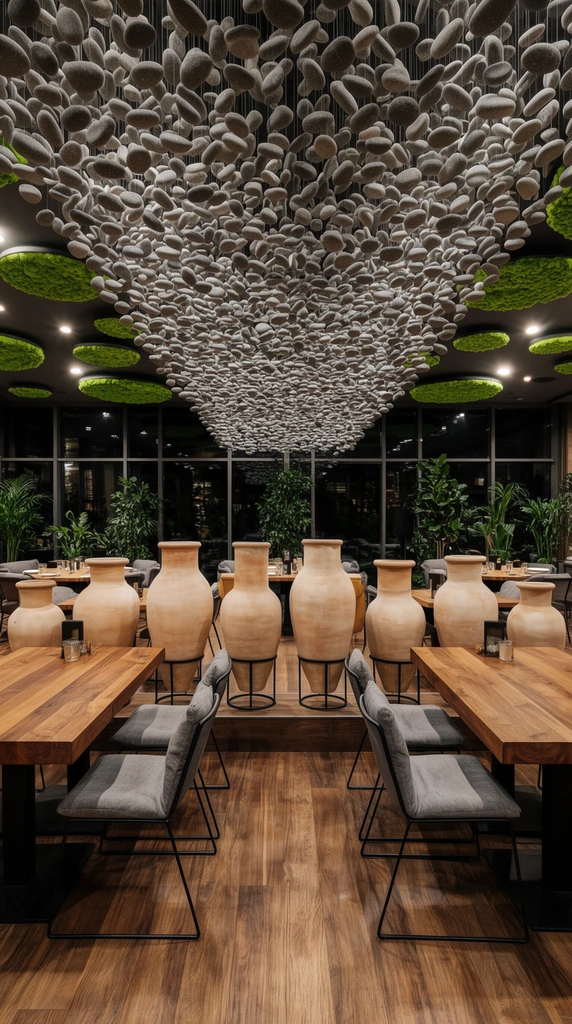 A sophisticated restaurant interior defined by a dramatic ceiling installation of thousands of suspended smooth grey stones forming a textured canopy. Symmetrically framed in the foreground are two thick wooden dining tables surrounded by grey upholstered chairs with minimalist wire frames. A row of oversized, unglazed beige terracotta urns on black metal stands acts as a striking midground room divider. Expansive dark windows and tall green potted plants fill the background space. The dark ceiling is further punctuated by bright circular green moss insets and warm recessed spotlights. This wide-angle architectural shot utilizes deep depth of field, capturing an elegant, earthy palette of rich wood grain, cool greys, natural terracotta, and vivid botanical greens.