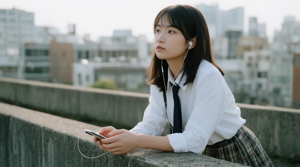 Young East Asian woman in a white shirt, dark tie, and plaid skirt leaning on a concrete parapet. She holds a smartphone with wired earphones, gazing off-camera. Soft natural daylight and shallow depth of field blur the background urban cityscape.