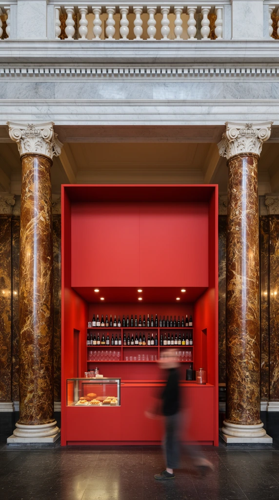 A vibrant, matte red minimalist cafe installation stands nestled behind massive, polished brown-and-gold veined marble columns with ornate white capitals. The sleek red service counter and shelving unit, displaying neatly arranged wine bottles, glassware, and pastries under warm recessed spotlights, sharply contrasts with the surrounding classical architecture. Above the contemporary kiosk, a pale grey marble entablature and a white balustrade bridge the historic space. A motion-blurred figure walks quickly across the dark stone floor, adding dynamic energy to the highly symmetrical composition. The straight-on architectural photography highlights the dramatic visual juxtaposition between the rich, textured historical pillars and the bold, monochromatic modern intervention.