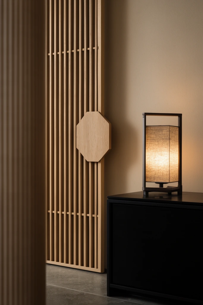 A minimalist interior featuring a vertical slatted wooden sliding door with an octagonal wooden plaque on its edge. An illuminated lantern with a textured fabric shade and dark frame rests on a sleek black cabinet, casting a warm glow against a smooth beige wall. An out-of-focus ribbed foreground pillar creates a shallow depth of field. High-end architectural photography with soft directional lighting and a warm earthy palette.