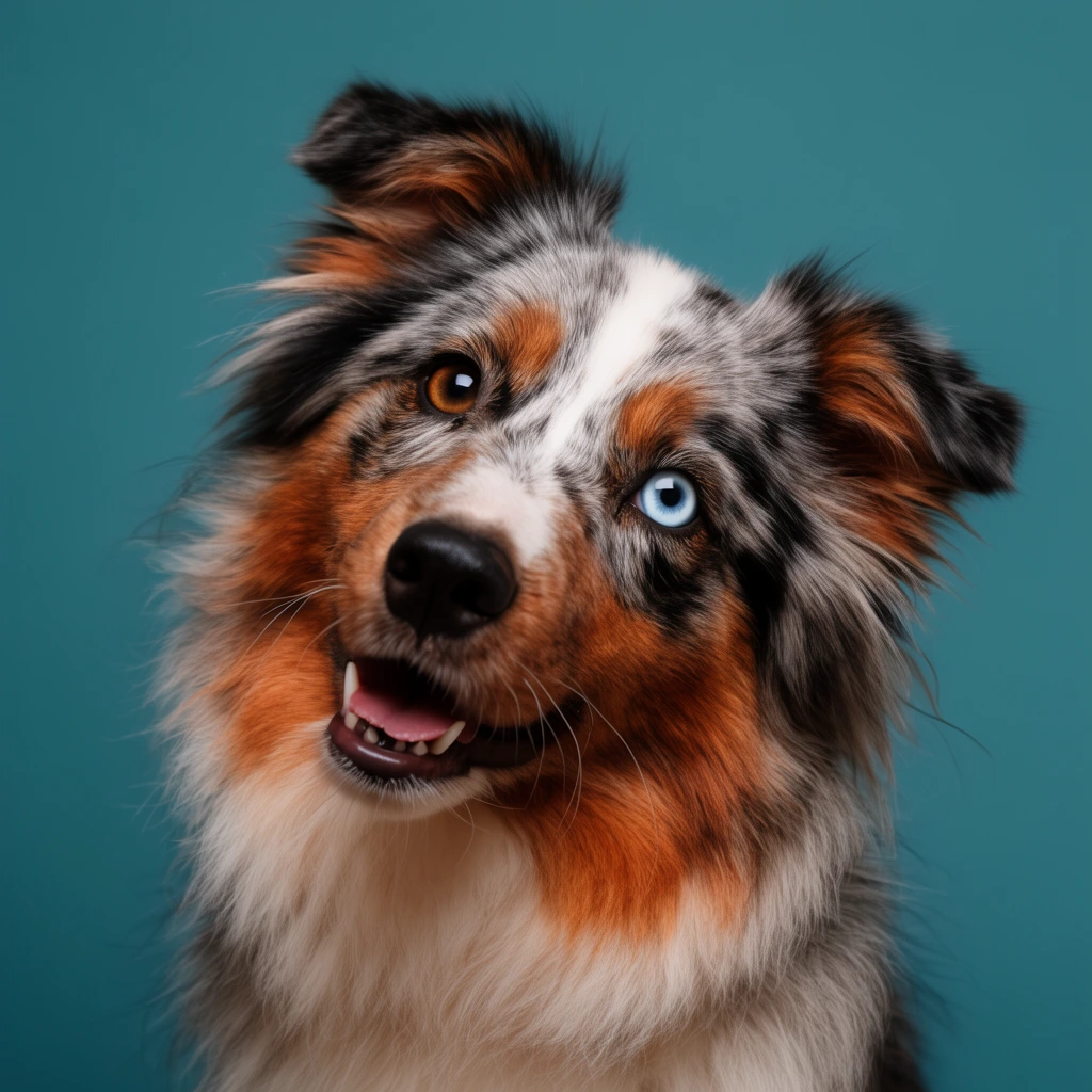 A close-up studio portrait of a fluffy, mottled dog with striking heterochromia tilting its head against a solid teal background. The canine features one warm brown eye, one piercing ice-blue eye, and a vibrant coat of grey, black, white, and rich copper. Soft, diffused lighting sharply focuses on the expressive face and slightly open mouth, highlighting the intense contrast between the warm fur tones and the cool, matte backdrop.