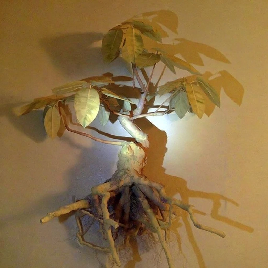 lo-fi amateur digital snapshot of a gnarled sapling tree with exposed tangled roots and clusters of green leaves, harsh direct incandescent lighting with a strong yellow-amber color cast, centered flat composition against a featureless beige wall, grainy low-resolution digital sensor texture, early 2000s point-and-shoot camera aesthetic, muted saturation, deadpan surrealist mood, soft focus, high-contrast warm shadows, clinical domestic interior setting, uncanny liminal atmosphere