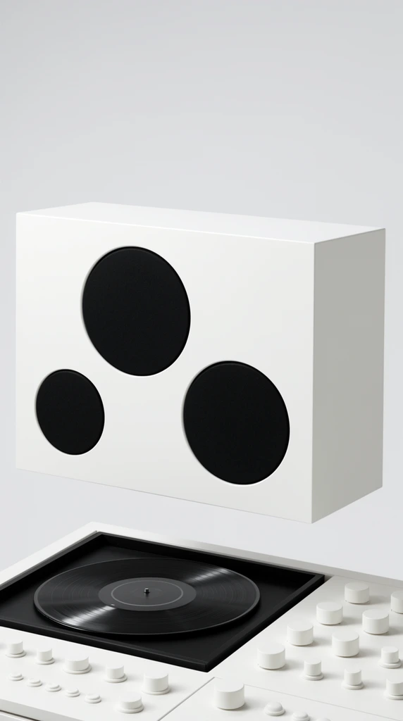 A minimalist white rectangular audio console hovers above a matching control deck against a seamless light gray studio background. The stark upper block features three contrasting flat black circular speaker grilles of varying sizes arranged asymmetrically across its front face. Below, the partially revealed lower unit displays a recessed black compartment housing a grooved vinyl record, surrounded by an array of tactile white cylindrical knobs and push buttons. High-key product photography highlights the crisp geometric lines, stark monochromatic palette, and matte industrial finishes of the retro-futuristic system.