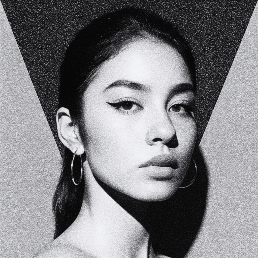 A monochromatic portrait of a young woman with pulled-back dark hair, winged eyeliner, and hoop earrings facing slightly right. She is framed inside a large, textured, downward-pointing dark triangle against a lighter gray background. A strong light from the left casts a hard, dramatic shadow to her right side. The entire composition utilizes a heavy, grainy halftone texture for a bold editorial aesthetic.