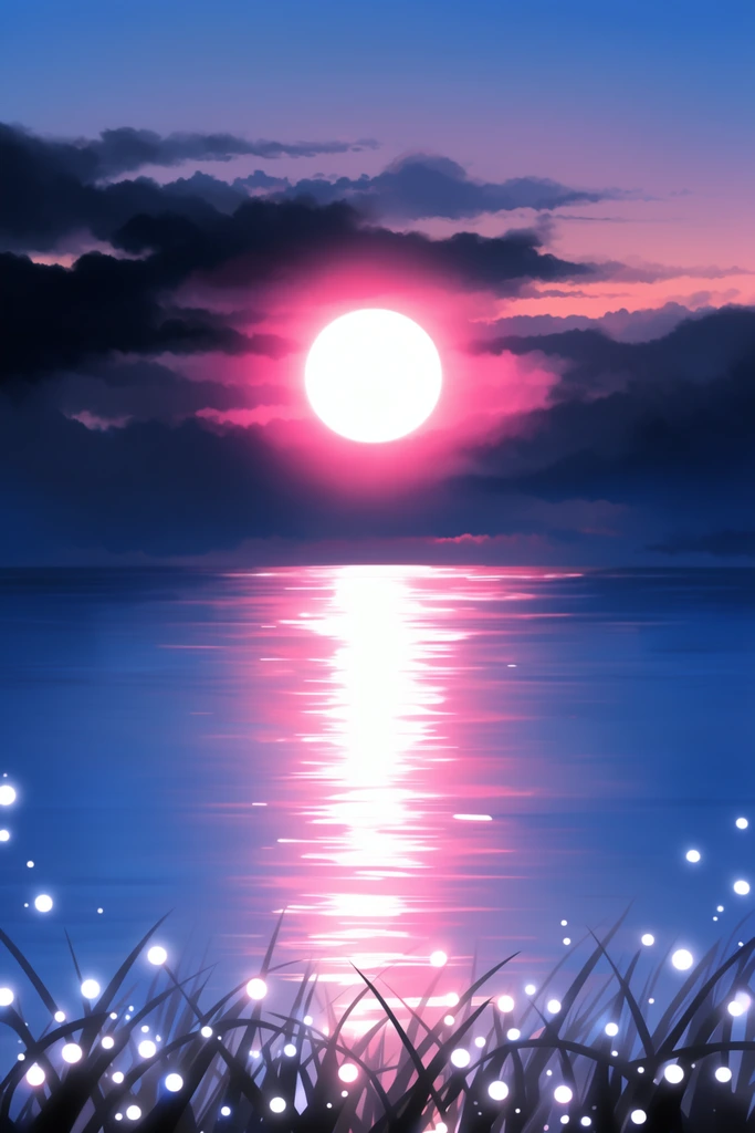 A vibrant sunset over a calm body of water, with a bright white sun surrounded by a glowing pink halo. Dark clouds partially obscure the sun and sky. The water reflects the sun's bright light in a column of intense white and pink streaks. In the foreground, silhouetted grass blades and glowing white orbs add depth and a touch of fantasy to the serene, highly stylized digital painting.