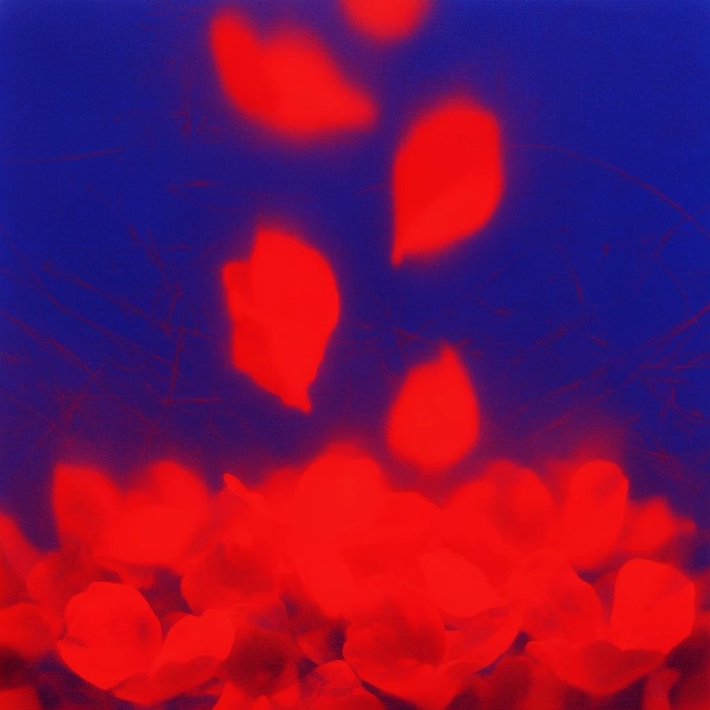 Several luminous crimson petals fall toward a dense bed of matching petals against a deep ultramarine blue void, rendered in a striking, high-contrast, pseudo-thermal visual style. The falling petals and the dense floral bed below radiate an intense, fluorescent neon-red hue, appearing as soft, hazy silhouettes of pure saturated color. The surrounding environment consists of a dark, moody, electric blue expanse. Fine, erratic, crimson scratch-like trails weave faintly through the composition around the falling forms. A subtle woven canvas texture and fine digital grain overlay the entire scene. The red elements emit an eerie, ethereal glow against the dark blue backdrop, establishing a dreamlike, softly blurred atmospheric aesthetic heavily reliant on an extreme, saturated duotone color mapping.