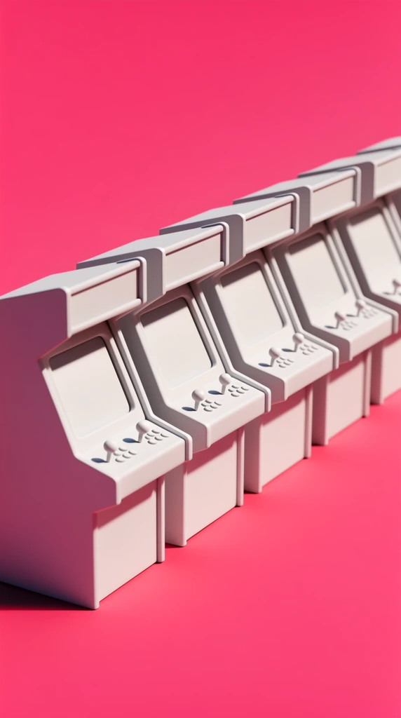 Six matte white arcade cabinets form a diagonal row on a solid vibrant pink background. The minimalist 3D rendered machines feature basic geometric shapes, empty screens, and simple controls. Crisp directional lighting casts sharp leftward shadows. An isometric perspective with shallow depth of field blurs the distant cabinets.