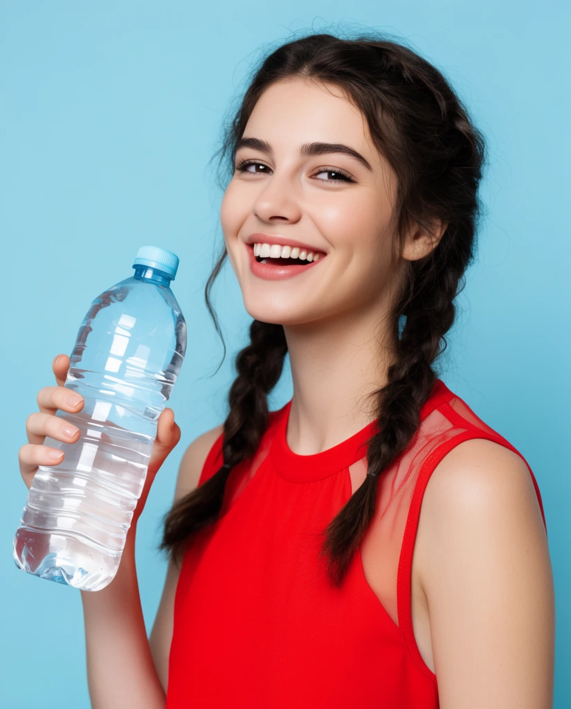 cheerful young woman smiling broadly, dark brown hair styled in two loose braids, wearing a vibrant red sleeveless top with sheer mesh shoulder details, holding a large clear plastic water bottle with a light blue cap, solid light blue background, bright even studio lighting, commercial portrait photography, high contrast primary colors, crisp focus, joyful and fresh atmosphere