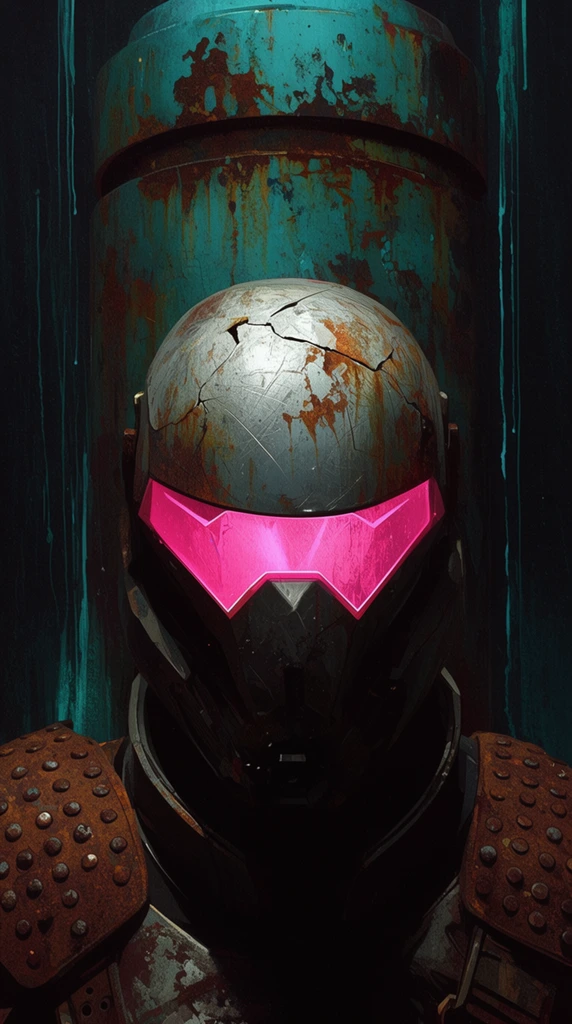 A weathered sci-fi figure stands in a cracked helmet with a glowing pink visor, close-up portrait, heavy rust stains, scratched metallic surface, neon pink angular visor, brown rivet-studded shoulder armor, large corroded teal cylindrical structure behind the figure, dark moody background with vertical dripping teal streaks, gritty digital concept art, dramatic low-key lighting, centered composition, high textural contrast