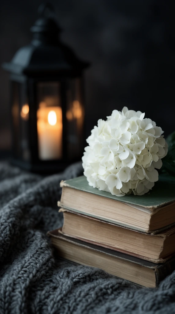 White hydrangea resting on three stacked vintage books, textured gray knit blanket, glowing black lantern in blurred background, dark moody lighting, shallow depth of field