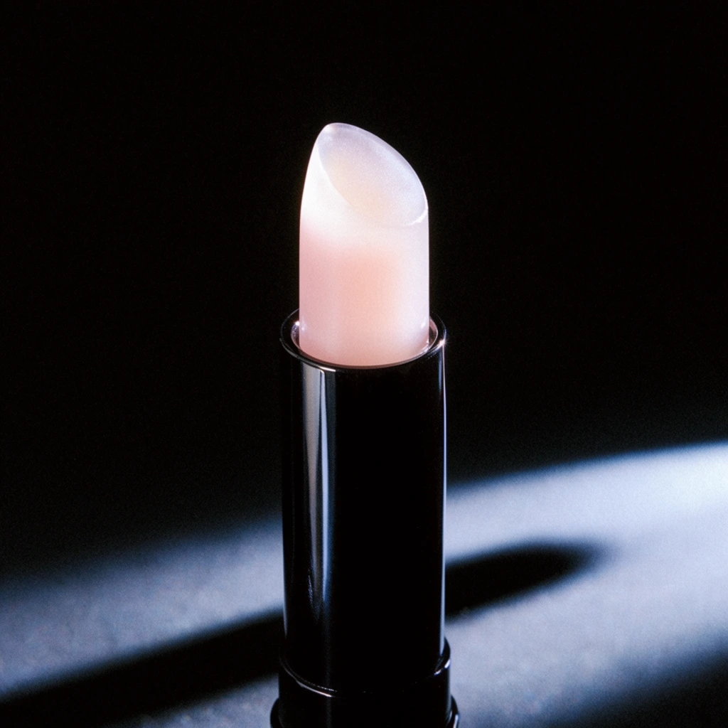 A tightly framed macro photograph of a sleek cosmetic tube standing upright against a pitch-black void. The polished black cylindrical casing catches a sharp vertical highlight, contrasting with the solid stick of translucent, frosted pale-pink balm emerging from its top. The slanted balm tip diffuses light, creating a soft internal glow. A dramatic, cold bluish-white spotlight rakes across the dark surface below, casting an elongated black shadow to the left. High-contrast chiaroscuro lighting and subtle film grain emphasize the glossy and luminous textures of the minimalistic product shot.