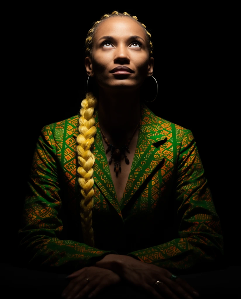 A dramatic studio portrait of a woman looking upward, illuminated by a spotlight against a pitch-black background. She has prominent cheekbones and blonde hair styled in tight scalp braids, featuring one thick yellow-blonde braid draped over her right shoulder. She wears a tailored, vibrant green jacket covered in intricate orange and yellow geometric patterns. Accessories include large wire hoop earrings, a necklace with dangling dark pendants, and rings on her softly crossed hands at the bottom edge. The lighting employs intense chiaroscuro, highlighting her facial structure and the rich fabric while casting heavy cinematic shadows that blend her lower torso seamlessly into the dark void. The bust-length composition emphasizes the moody atmosphere and sharp focal contrast.