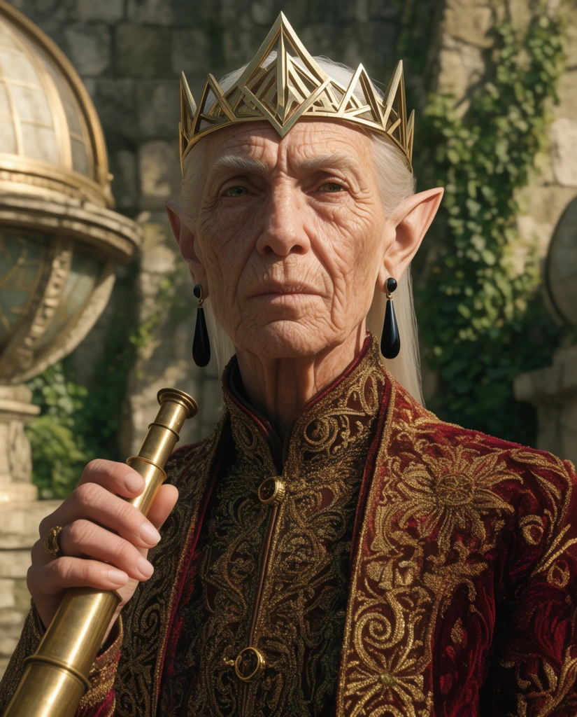 Elderly elven leader, deeply weathered skin, geometric golden crown, heavily embroidered crimson and gold heavy coat, sleek obsidian drop earrings, holding a polished brass telescope, sunlit ancient stone observatory background, climbing ivy, warm natural lighting, cinematic medium close-up, dramatic shadows