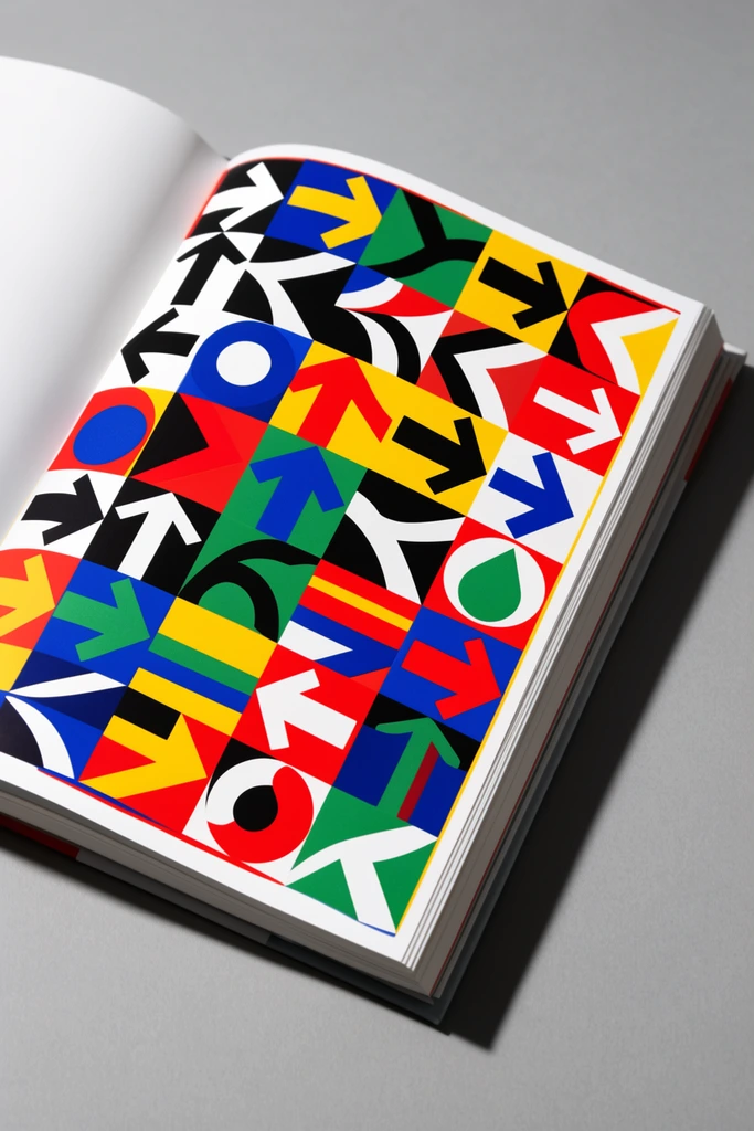 An open book rests angled on a smooth gray surface, its right page displaying a vibrant, dense collage of geometric arrow motifs. High-contrast solid red, blue, yellow, green, black, and white directional shapes, including straight, curved, and circular pointers, interlock in a dynamic modernist layout. Crisp overhead lighting casts a sharp drop shadow extending from the right edge of the thick pages.