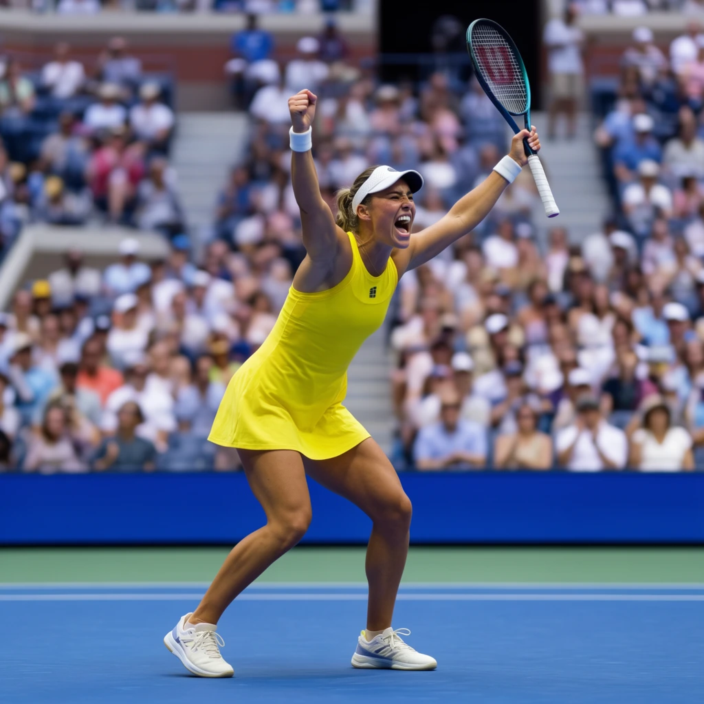 A female tennis player in a bright yellow dress raises both arms in a triumphant roar on a blue hardcourt. She wears a vivid yellow sleeveless sports dress and a white visor, leaning forward with muscles tense, holding a tennis racket high. The vibrant blue professional court dominates the foreground, contrasting sharply with a heavily blurred background of tiered stadium seating and a dense crowd. Captured with a telephoto lens and shallow depth of field, the high-energy sports photography freezes the raw emotion under bright natural daylight.