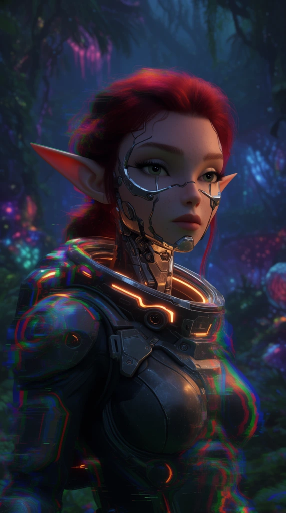A stylized 3D portrait of an elven cyborg woman with crimson hair and metallic facial implants. She wears a dark, armored spacesuit featuring glowing orange accents. Heavy chromatic aberration and digital glitch effects distort her silhouette, creating a vibrant aesthetic. She stands before a deep, bioluminescent alien jungle at night, illuminated by moody cinematic lighting.