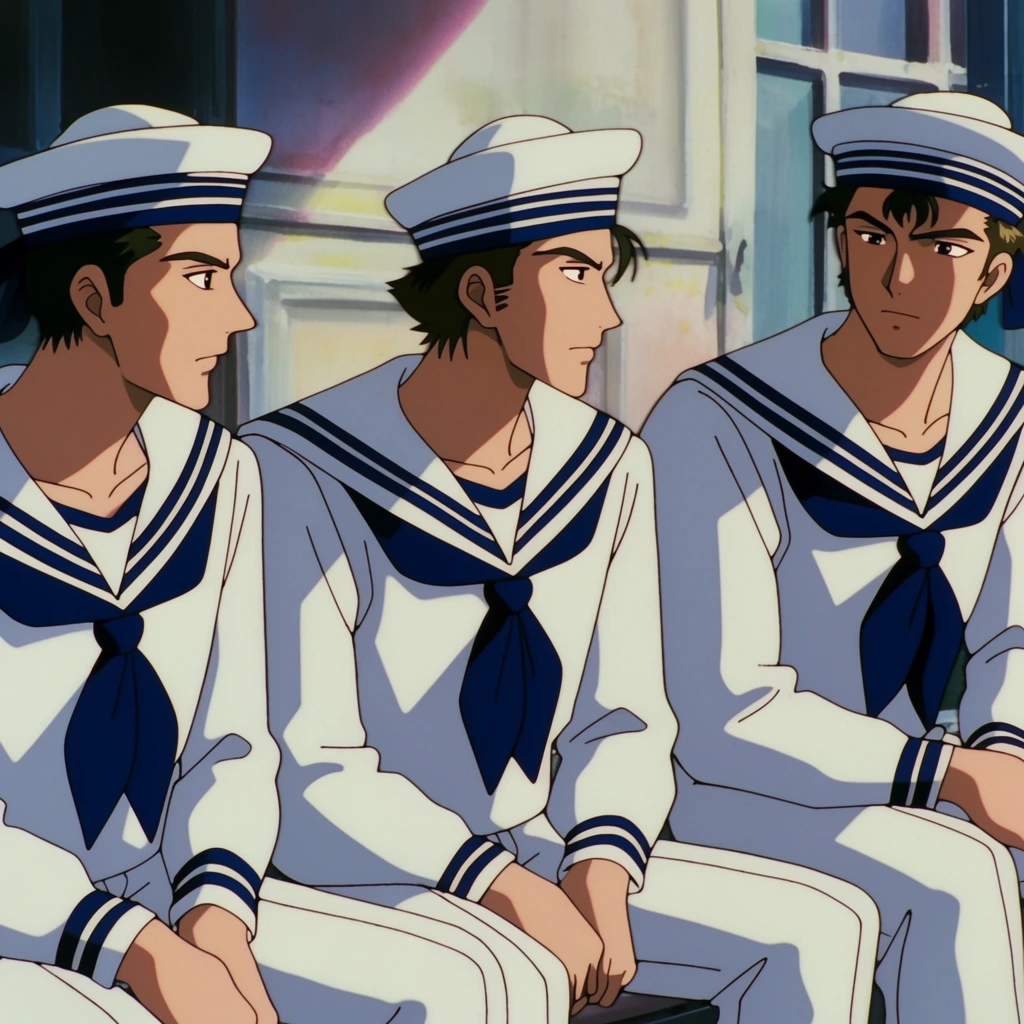 Three men in traditional sailor uniforms sitting closely together, rendered in the authentic aesthetic of 1990s Japanese cel animation. The three men sit side-by-side, their bodies angled toward one another. They are dressed in matching white and navy blue sailor suits featuring wide flat collars, striped cuffs, and knotted front neckerchiefs. Their faces are defined by angular, sharp profiles and stylized hair characteristic of vintage anime character design. They are seated within a brightly lit, structured environment. The background displays precisely drafted architectural geometry executed as a hand-painted, gouache-style matte painting with subtle, soft brush textures. The characters are outlined by thin, crisp black ink line art and filled with flat, opaque colors. Intense, direct sunlight casts dramatic, hard-edged cel-shaded shadows that cut sharply across the sharp folds of their uniforms and their faces, creating a deep chiaroscuro effect. The color palette contrasts the stark whites and deep blues of the uniforms against softer, muted, pastel-leaning environmental hues. The cinematic medium-shot framing highlights the high-contrast lighting and the distinct 2D traditional animation rendering technique.