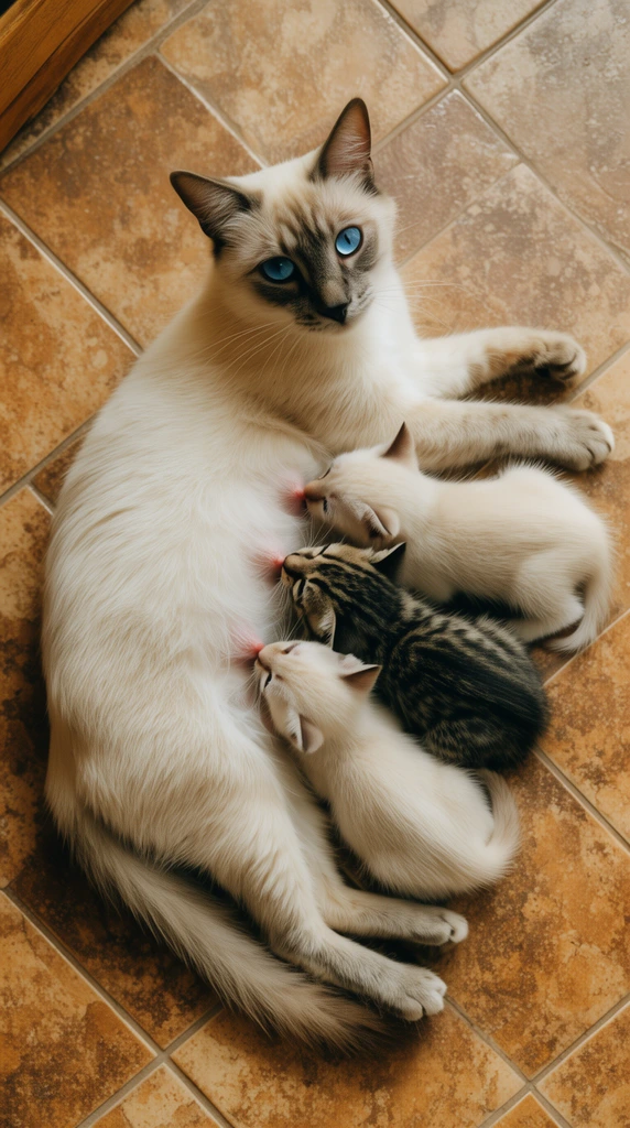 overhead shot of a pale cat with piercing blue eyes curled around four nursing kittens, three pale kittens, one dark striped tabby, mottled brown square floor tiles, warm natural light