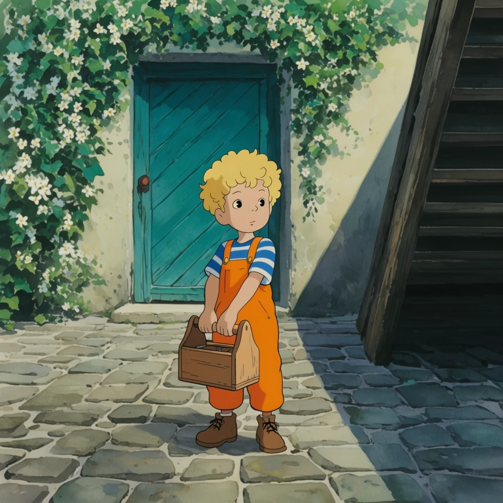 A curly blonde boy stands on a sunlit cobblestone patio grasping a wooden toolbox. He wears bright orange overalls and a blue striped shirt. Behind him, a teal wooden door with diagonal planking sits in a pale stucco wall draped with blooming white ivy. Irregular grey paving stones intersect a steep diagonal shadow cast by a heavy wooden staircase on the right. The scene utilizes a classic hand-drawn cel-shaded animation style with detailed watercolor backgrounds, contrasting luminous daylight against sharp geometric shading.