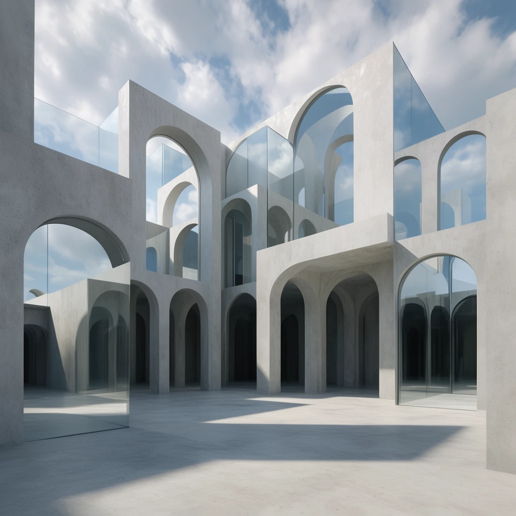 A sprawling, multi-tiered architectural labyrinth of smooth, light grey concrete stands under a partly cloudy blue sky. The surreal design features an intricate arrangement of repeating arched doorways, rectangular pillars, and intersecting planes. Some archways frame seamless glass walls reflecting the sky, while others remain open to reveal deep, shadowy interior corridors. Bright sunlight casts sharp, elongated geometric shadows across the flat concrete courtyard in the foreground. The composition highlights stark contrasts between solid, monumental concrete structures and sheer, reflective glass surfaces, creating a highly structured, dreamlike geometric environment.