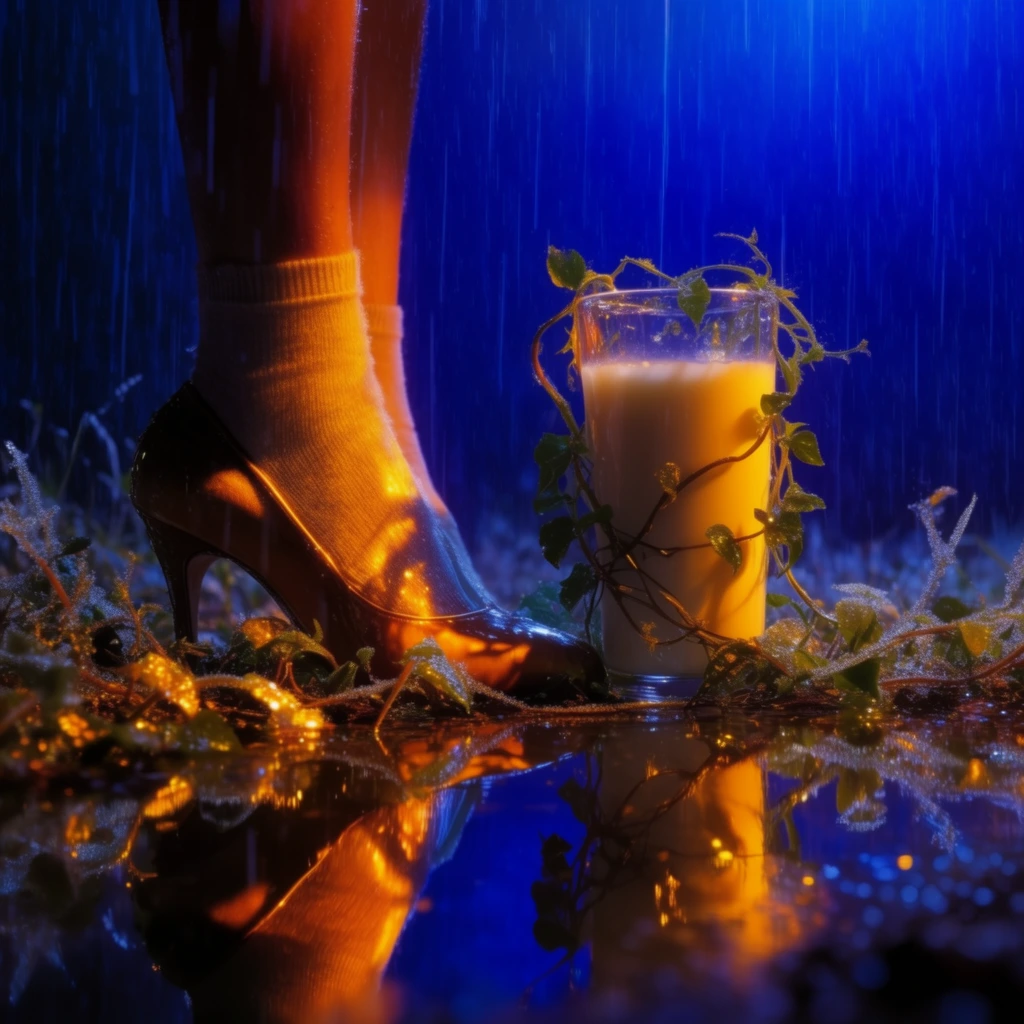 Legs wearing socks and a single high heel stand beside a glass of opaque milk entwined with creeping vines, rendered in a hyper-saturated, high-dynamic-range digital aesthetic. The environment features extreme, surreal lighting, juxtaposing a deep, luminous cobalt blue background with intense, glowing amber and golden-orange illumination focused tightly on the subjects. Heavy rain falls in sharp, distinct vertical streaks throughout the composition. A dark, glassy puddle fills the low-angle foreground, casting a crisp, vibrant reflection of the warm-lit high heel, the smooth glass of milk, and the twisting vines against the deep blue water. The foreground vines and ground elements display sharp, crystalline, frost-like textures that gleam with bright golden highlights. The visual execution employs highly polished, wet-looking surfaces, extreme color contrast, and a sharply focused, photorealistic yet otherworldly nighttime atmosphere.