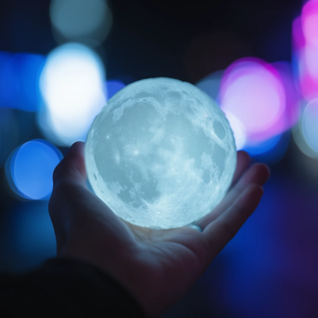 A hand gently cradles a glowing miniature moon against a backdrop of vibrant neon bokeh. The textured sphere emits a soft cyan-white luminescence, revealing intricate crater patterns and softly lighting the outstretched fingers. Captured with an extremely shallow depth of field at night, the dark background dissolves into massive, defocused circular lights in striking shades of electric blue, stark white, and magenta, creating a cinematic, surreal atmosphere.