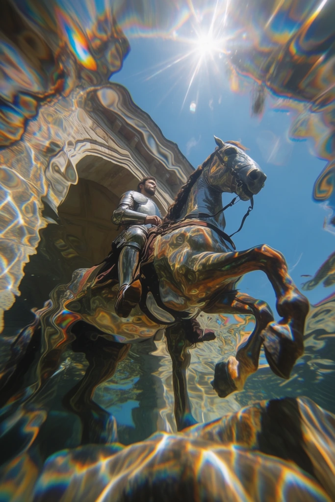 A man in armor sits atop a horse with its front right leg raised, positioned in front of an arched structure, viewed from an extreme low-angle underwater perspective looking directly upward through a turbulent water surface. Severe aquatic refraction heavily distorts the subjects, warping the metallic contours of the armor, the anatomy of the horse, and the geometric curves of the archway into fluid, undulating ripples. A bright, clear blue sky serves as the backdrop, pierced by a brilliant sunburst in the upper frame that shoots sharp, radiant flares through the liquid barrier. The rippling water acts as a heavily warped lens, introducing intense chromatic aberration that creates vibrant rainbow fringing along the high-contrast silhouettes of the rider and the animal. Web-like, golden caustic light reflections dance across the scene, fracturing the solid forms of the horse, the polished armor, and the background architecture into a highly saturated, kaleidoscopic array of stretched, compressed, and morphing shapes.