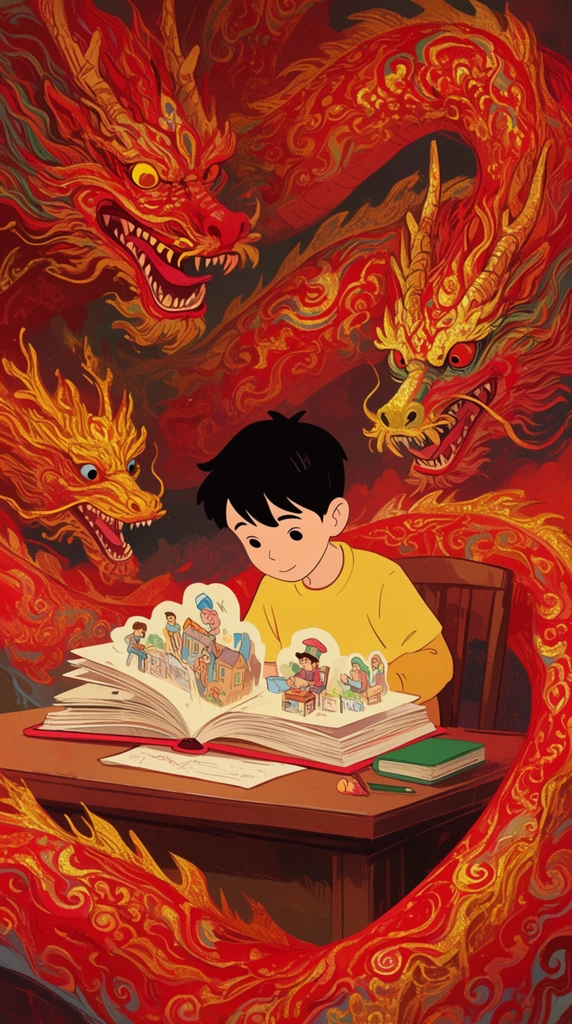 young boy reading pop-up book at desk, surrounded by swirling giant ornate red and gold dragons, surreal 2D illustration, rich warm color palette