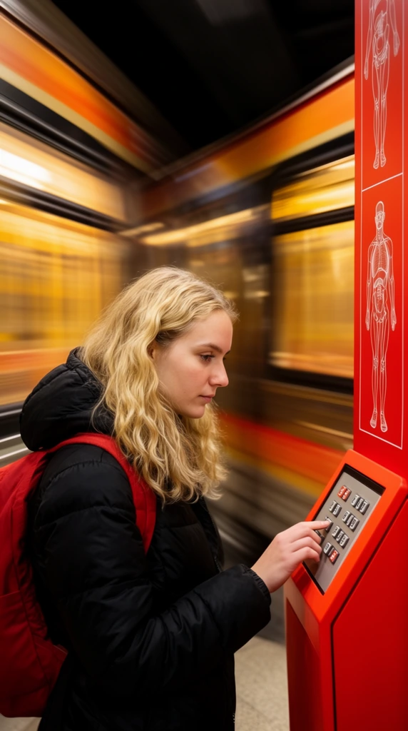 A young woman with wavy blonde hair, a black puffer jacket, and a red backpack touches a slanted keypad on a vibrant red transit kiosk. The vertical panel features white anatomical line-art diagrams of a human torso. Her sharply focused profile contrasts intensely with the heavy horizontal motion blur of trains rushing past on both sides. The speeding carriages form continuous, dynamic streaks of warm yellow, orange, and black, emphasizing sudden stillness amidst the high-velocity rush of an underground station.