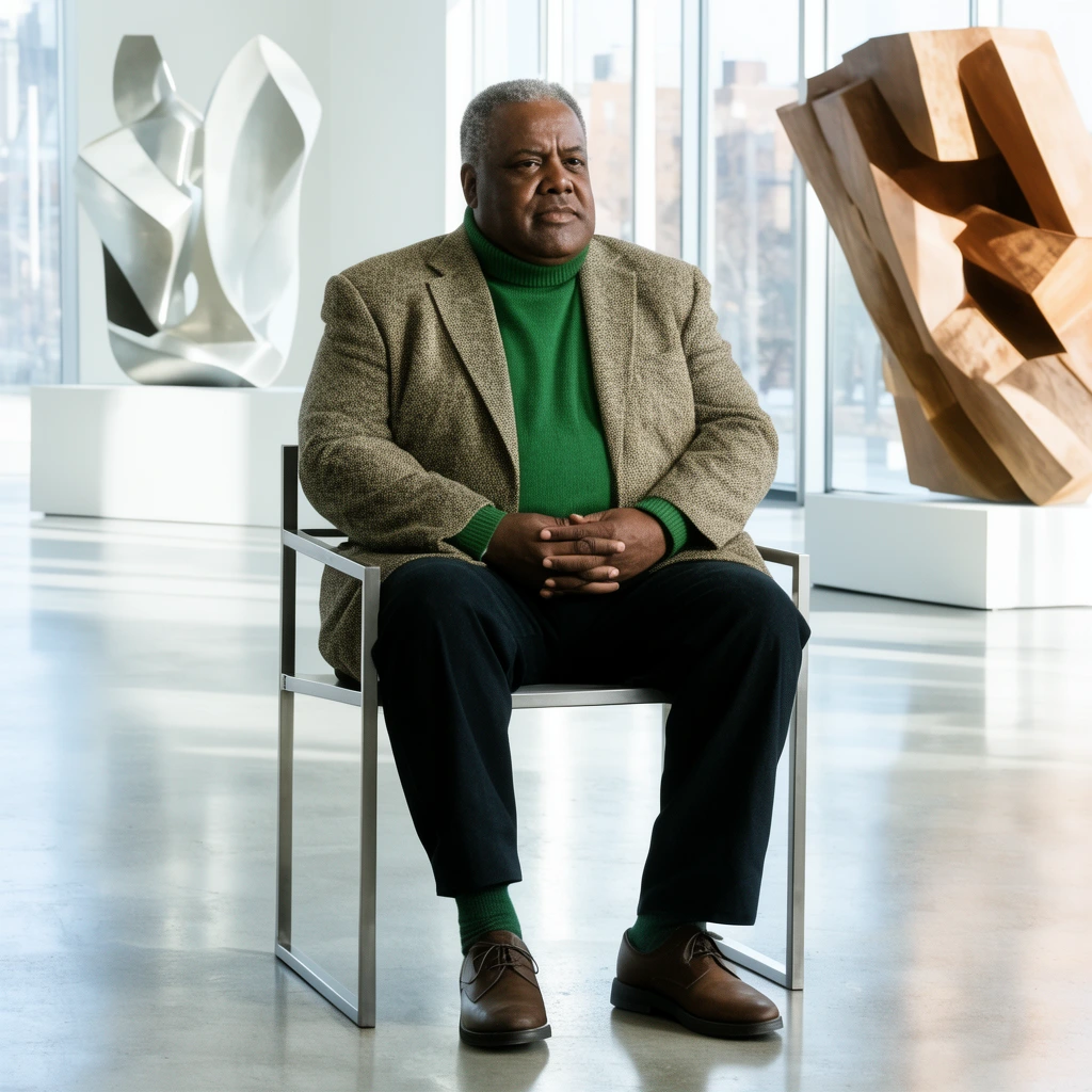 Older heavy-set African American man, green turtleneck, tweed blazer, sitting in minimalist steel chair, bright modern art gallery, abstract sculptures, crisp daylight