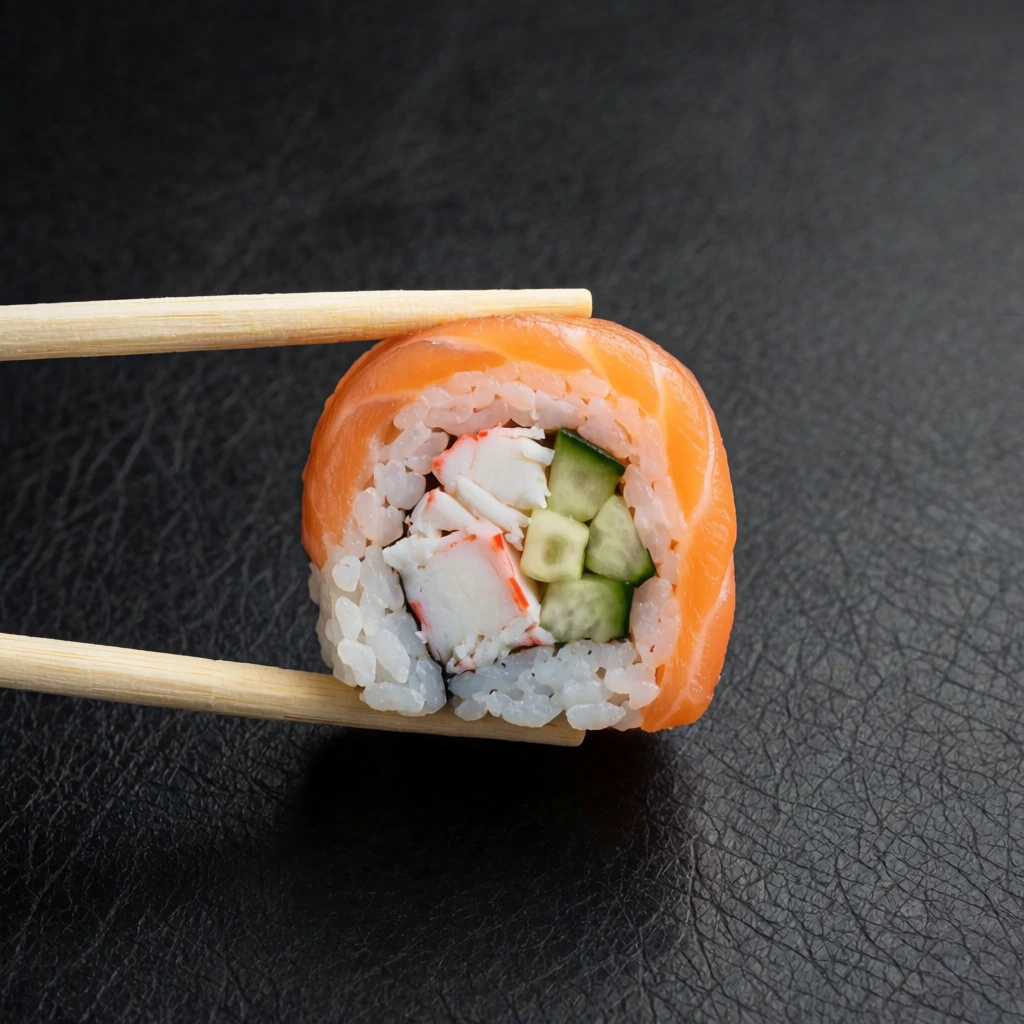 A single piece of sushi held horizontally between two light wooden chopsticks against a textured black background. The roll features a vibrant orange salmon exterior wrapped around white rice, filled with white and red crab meat and diced pale green cucumber. The chopsticks enter from the left frame, pinching the sushi securely. Soft, even lighting highlights the glossy salmon and distinct rice grains, casting subtle shadows on the dark, wrinkled faux-leather surface. This minimalist food photography centrally focuses on the textures and contrasting colors.