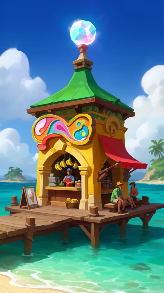 A stylized tropical snack shack sits on a wooden pier over clear turquoise water. The yellow building features ornate arches, a green peaked roof topped with a glowing faceted orb, and a large abstract decorative sign. A vendor works inside near hanging bananas. Under a red side awning, two customers sit on wooden benches. An ice cream graphic sandwich board rests on the pier. Distant islands and fluffy clouds complete the sunny, vibrant digital concept art illustration.