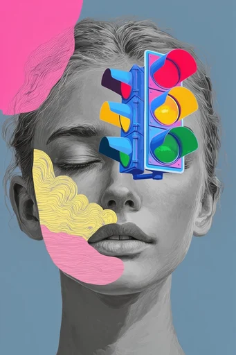 Chromatic Surrealist Portraits style reference image — selective color saturation