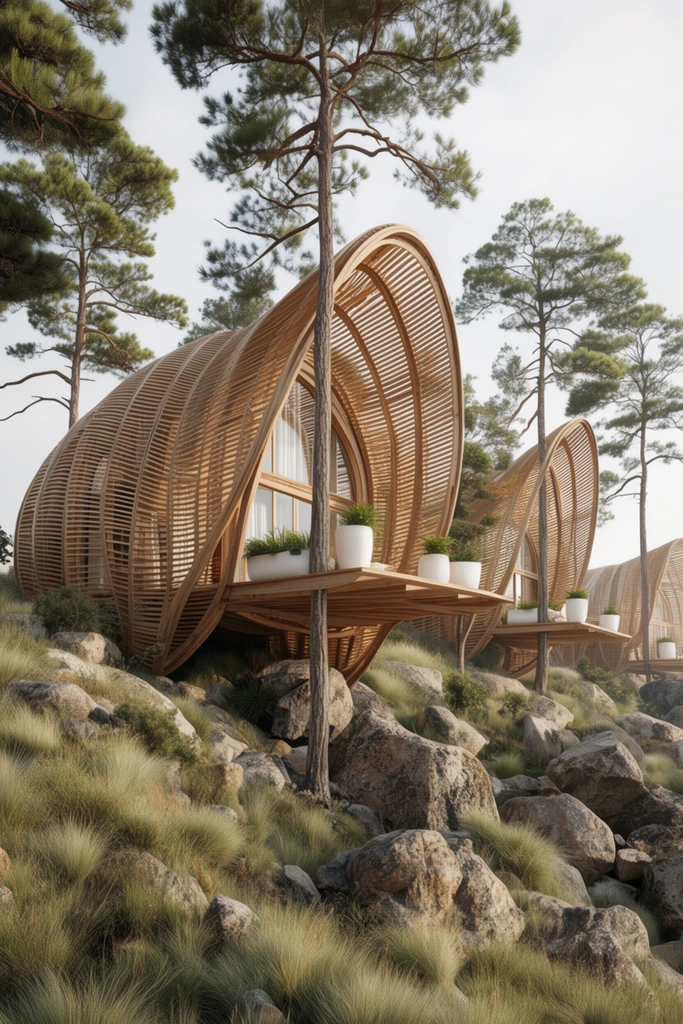 organic slatted wood eco-cabins on a rocky hillside, curved shell roofs, cantilevered decks with white planters, tall pine trees piercing the architecture, wild grass and rugged boulders, photorealistic architectural visualization, soft natural daylight