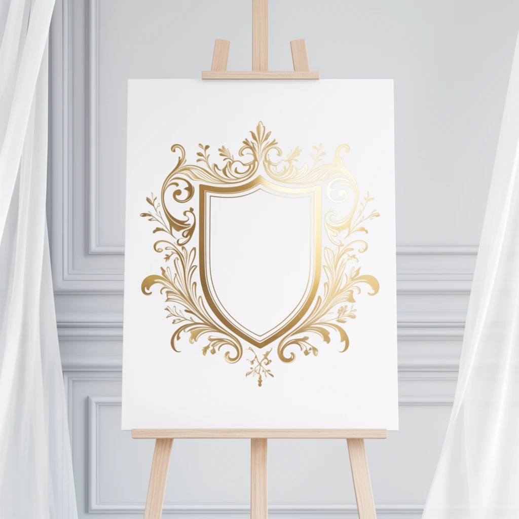 A rigid white display board rests on a light oak wooden easel, centered against a pale gray wall adorned with classic architectural paneling. The board features a metallic gold heraldic shield intricately embellished with sweeping baroque filigree and elegant botanical flourishes. Translucent white sheer curtains cascade down the left and right edges of the frame. The composition is illuminated by soft, diffused high-key lighting, emphasizing a refined, minimalist aesthetic through photorealistic rendering and a serene palette of crisp whites, muted grays, and radiant metallic gold.