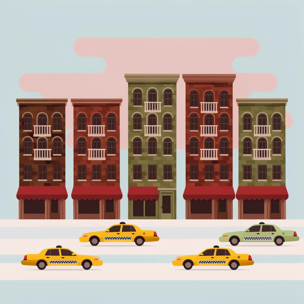 A flat 2D vector illustration of a stylized urban street featuring five narrow brick buildings and four taxi cabs. The multistory structures are rendered in earthy brown, brick red, and olive green, detailed with arched windows, white Juliet balconies, and ground-floor storefronts shaded by scalloped red awnings. In the foreground, four profile-view taxis drive horizontally across pale geometric bands; three are bright yellow and one is pale green, all sporting checkered side stripes. The background incorporates abstract, rounded horizontal shapes in muted pink floating against a solid pale blue sky. The minimalist graphic design aesthetic utilizes clean geometric lines, unshaded flat color blocking, and a highly organized, crisp architectural layout.