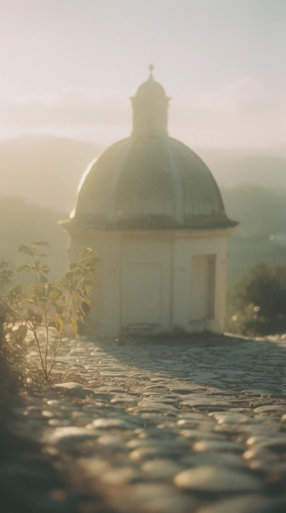 A domed building stands centrally on textured cobbled ground, bathed in soft, diffused golden-hour backlighting that creates a glowing rim-light effect along its curved silhouette. To the left, a small plant emerges from the stones, its leaves catching the warm, hazy sunlight. Rolling distant hills in the background recede into a thick, luminous atmospheric fog and gentle light scattering. The scene is captured with a vintage 35mm cinematic film aesthetic, utilizing a pronounced shallow depth of field that renders the immediate foreground cobbles and the distant landscape in a soft blur with delicate bokeh. The color grading features a muted, low-saturation warm palette of creamy whites, faded sage greens, and pale dusty yellows. The overall tranquil atmosphere is achieved through visible film grain, lowered contrast, and a hazy, soft-focus optical quality.
