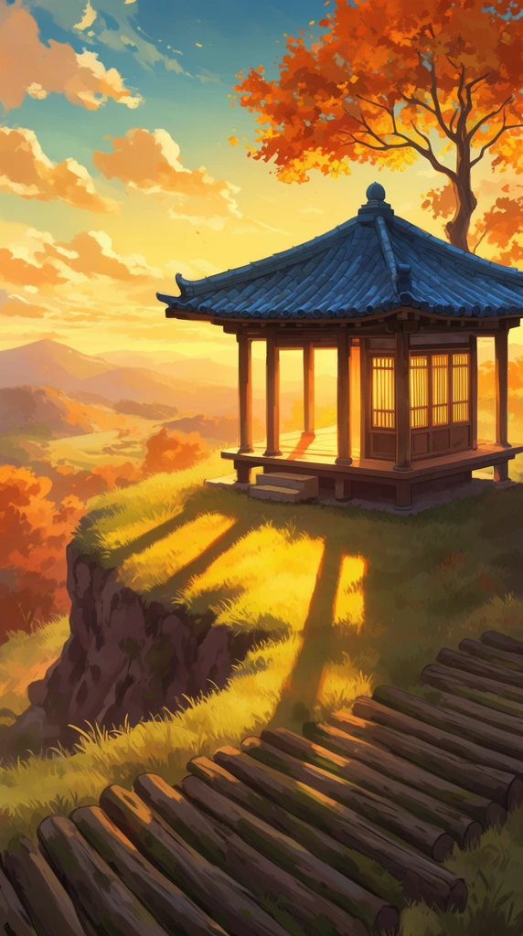 traditional East Asian pavilion on a grassy cliff edge at sunset, anime background art style, 2D digital painting, warm golden hour lighting, wooden pillars casting long dramatic shadows across sunlit grass, glowing slatted windows, blue tiled hipped roof, foreground wooden log path, lone autumn tree with vibrant orange leaves, distant rolling mountains, bright sky with stylized clouds, painterly textures, atmospheric perspective
