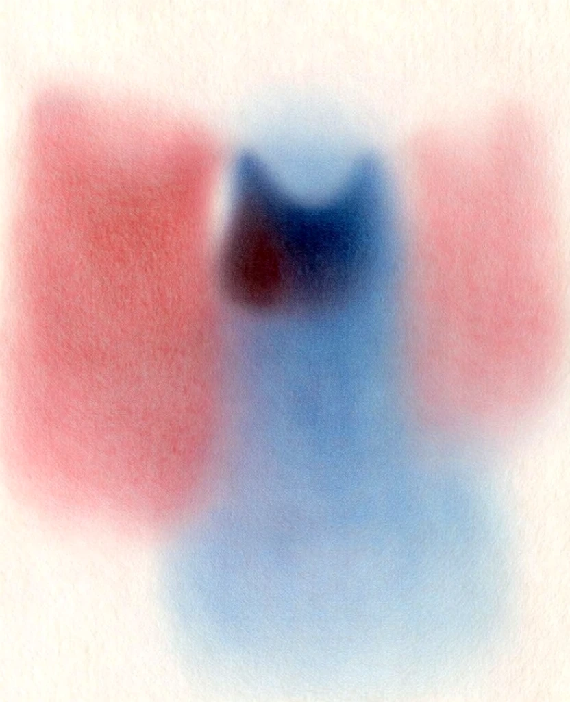 a minimalist vertical composition of laundry hanging between houses, rendered as ethereal soft-focus masses with deep granular stippling, two vertical rectangular glows of terracotta and indigo flanking a central horizontal arc of blurred organic forms, high-texture cold-press paper grain, atmospheric airbrushed aesthetic, no hard edges, diffused light blooming from within the shapes, chromatic bleeding into an off-white backdrop, dreamlike matte finish, tactile sensory abstraction