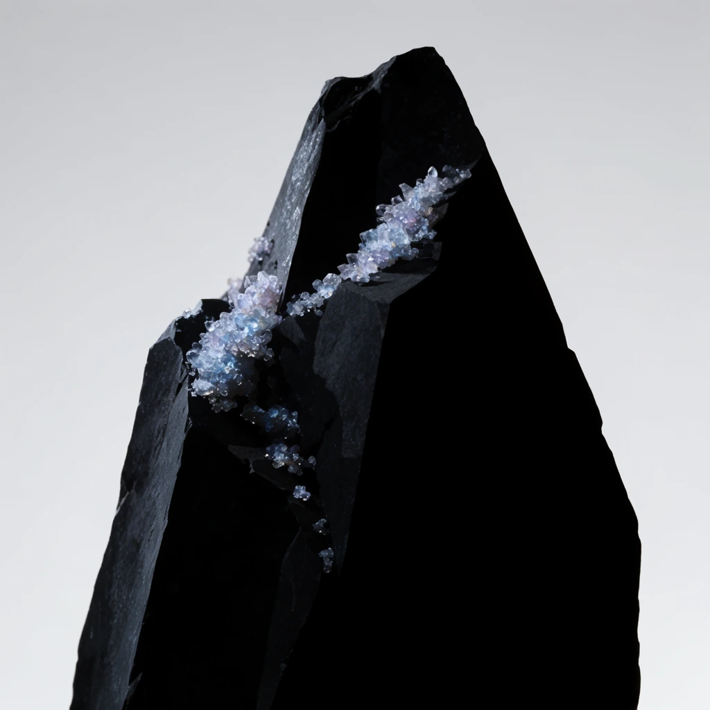 A jagged, towering monolith of deep black stone rises against a stark, pale gray background. The structure features sharp, angular planes resembling a massive shard of obsidian. Nestled within its deep crevices and clinging to its upper ridges are delicate clusters of tiny, translucent crystals that catch the light with subtle hints of icy blue and pale violet. Dramatic high-contrast side lighting illuminates the left edge, revealing the matte, textured surface of the rock and causing the crystalline clusters to gleam, while the majority of the form plunges into absolute, impenetrable black shadow. The minimalist composition emphasizes the striking juxtaposition between the massive geometric darkness and the intricate, sparkling mineral details.